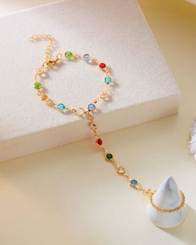 Vintage Heart Diamond Pearl Finger Ring Bracelet Gold