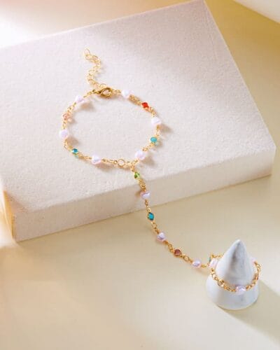 Vintage Heart Diamond Pearl Finger Ring Bracelet Gold