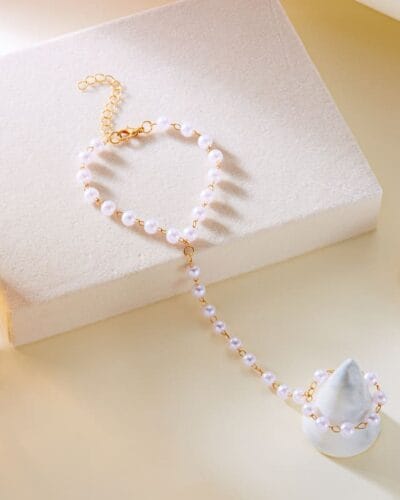 Vintage Heart Diamond Pearl Finger Ring Bracelet Gold