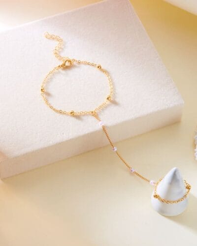 Vintage Heart Diamond Pearl Finger Ring Bracelet Gold