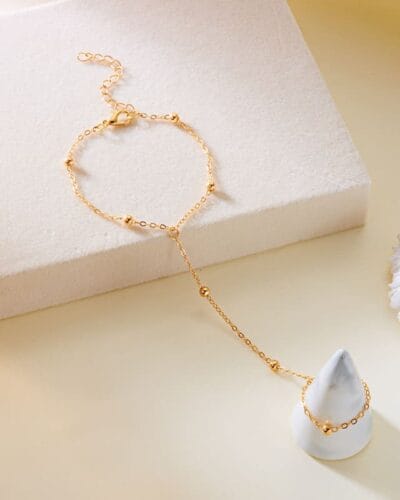 Vintage Heart Diamond Pearl Finger Ring Bracelet Gold