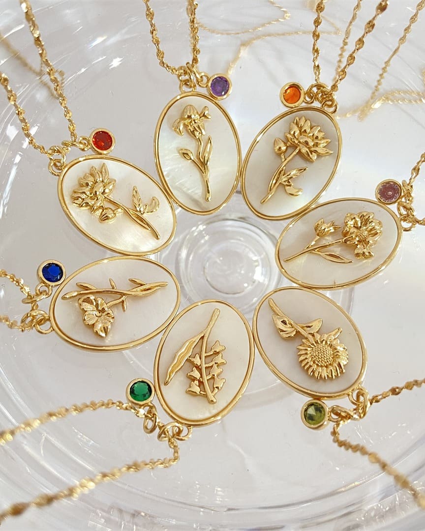Vintage Oval Mother of Pearl Birth Month Flower Necklace