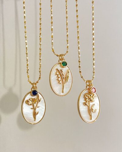 Vintage Oval Mother of Pearl Birthstone Birth Flower Necklace