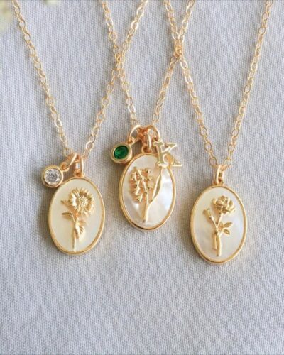 Vintage Oval Mother of Pearl Birth Month Flower Necklace