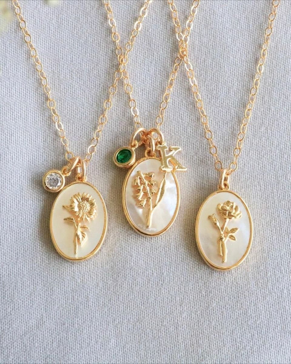 Vintage Oval Mother of Pearl Birth Month Flower Necklace