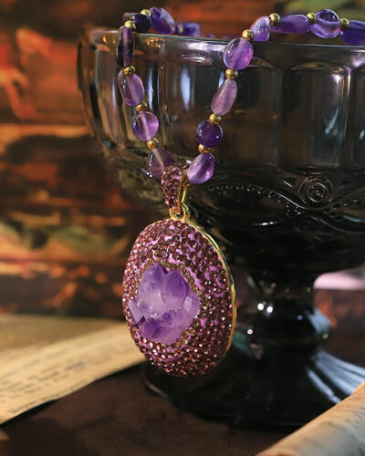 Alternative view of Vintage Raw Amethyst Crystal Beaded Pendant Necklace for February Birthday
