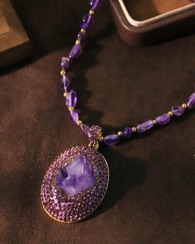 Vintage Raw Amethyst Crystal Beaded Pendant Necklace for February Birthday