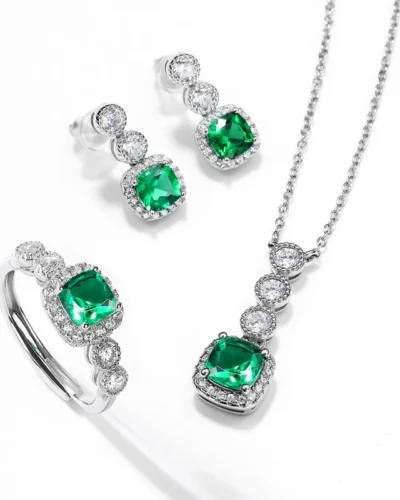 Vintage Shiny Emerald Jewelry Set CZ Necklace Earring Ring Gift for Her