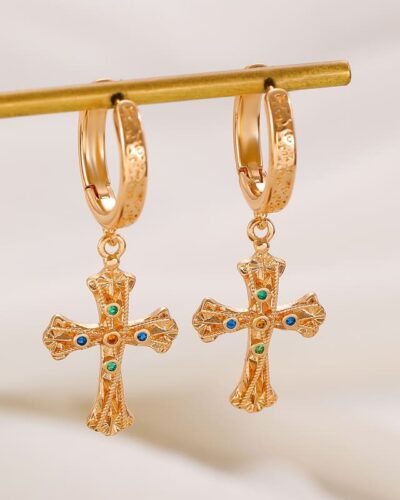 Vintage Textured Dangle Gold Cross Earrings for Women