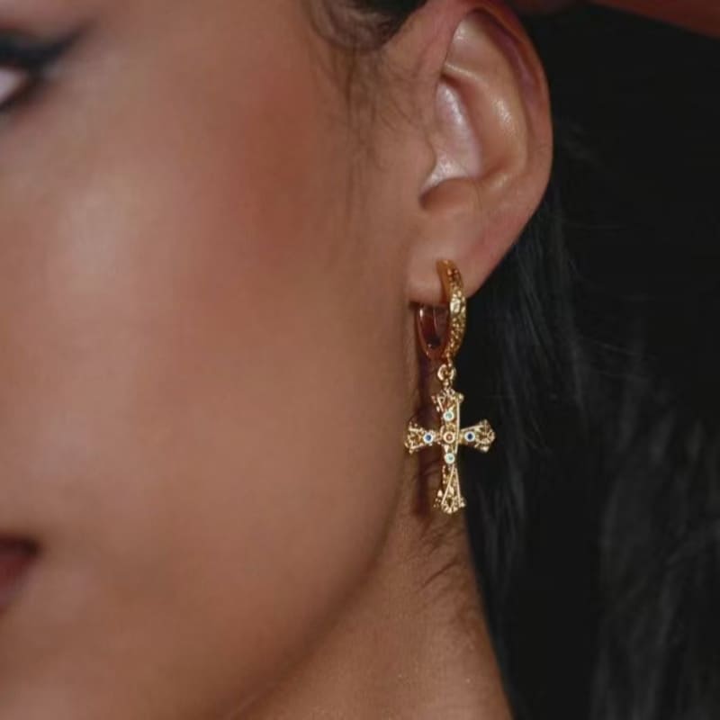Vintage Textured Dangle Gold Cross Earrings for Women