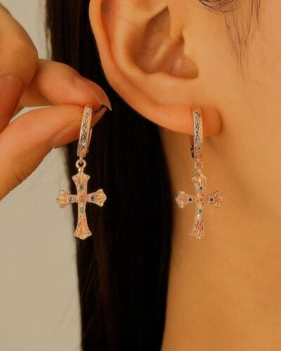 Vintage Textured Dangle Gold Cross Earrings for Women