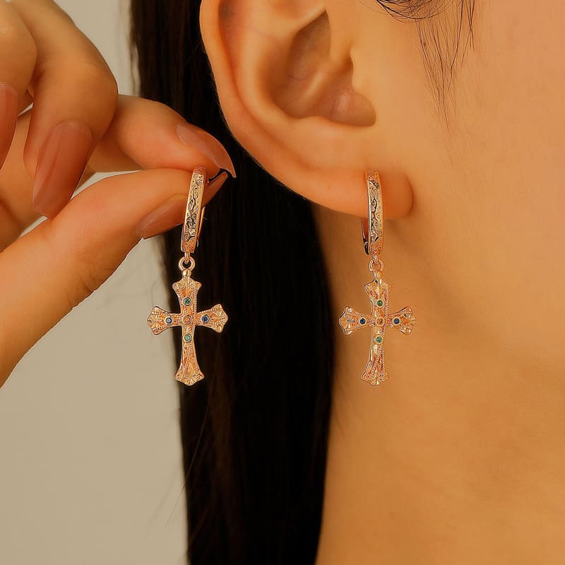 Vintage Textured Dangle Gold Cross Earrings for Women