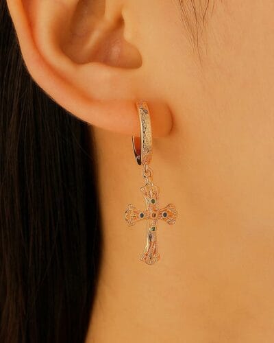 Vintage Textured Dangle Gold Cross Earrings for Women