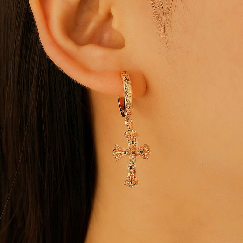 Vintage Textured Dangle Gold Cross Earrings for Women