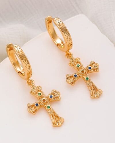 Vintage Textured Dangle Gold Cross Earrings for Women