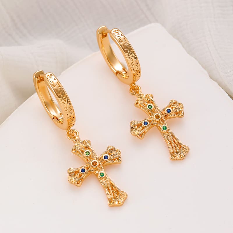 Vintage Textured Dangle Gold Cross Earrings for Women