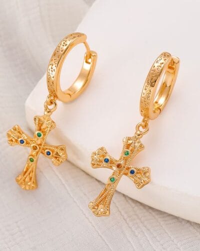 Vintage Textured Dangle Gold Cross Earrings for Women