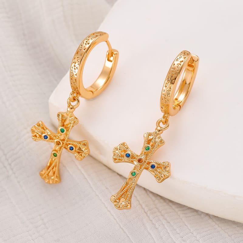 Vintage Textured Dangle Gold Cross Earrings for Women