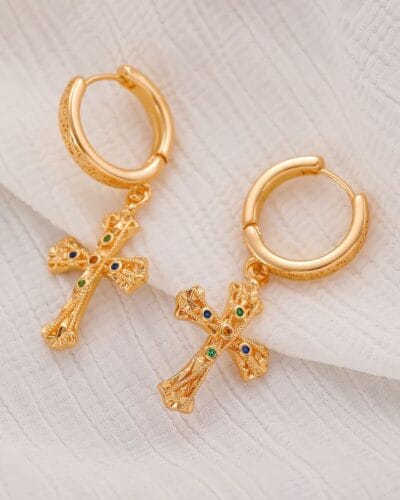 Vintage Textured Dangle Gold Cross Earrings for Women 7