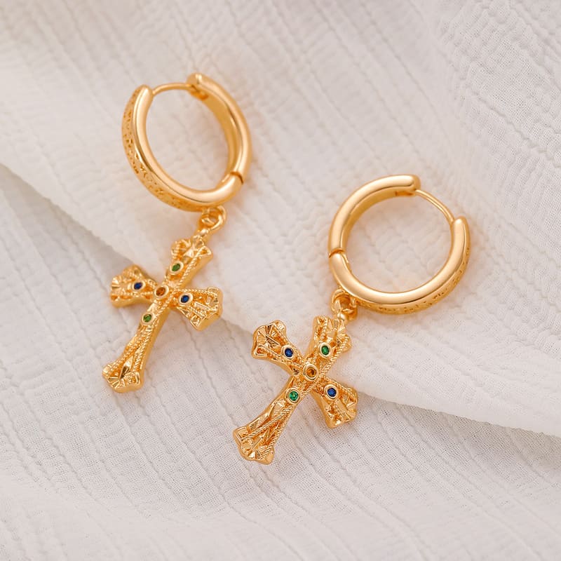 Vintage Textured Dangle Gold Cross Earrings for Women - Image 7