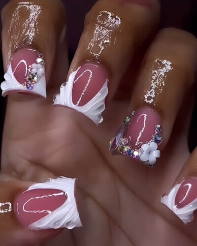 White French Pink Duck shaped Nails Y2K Rhinestone - Bild 3