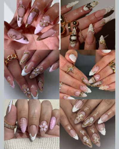 Vintage Gold 3D Floral White French Press On Nails