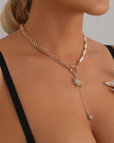 Y-Shaped Cylinder Splicing Boho Necklace for Women Sun OT Buckle