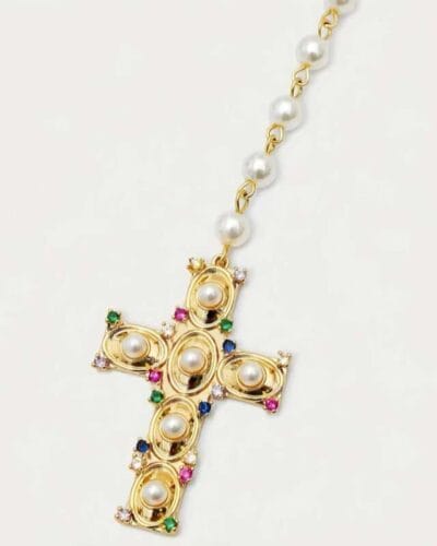 Y-Shaped Stackable Gold Vintage Pearl Cross Necklace