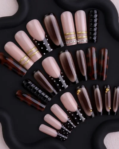 artificial nails black long square 4
