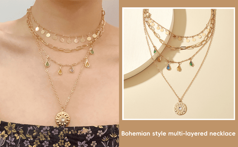 Chic Stackable 4-Layered Charm Necklace Rhinestone Coin Pendant