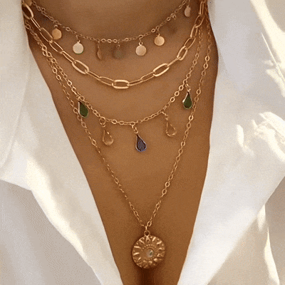 Chic Stackable 4-Layered Charm Necklace Rhinestone Coin Pendant
